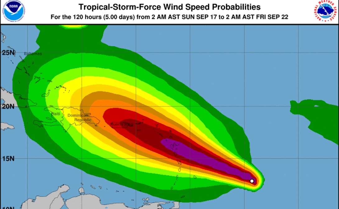 Probabilité de vents de force tempête sur les différentes îles