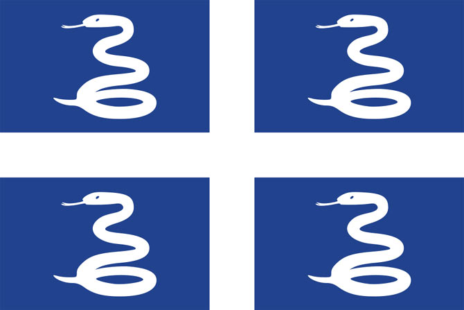 Emblème de la Martinique représentant quatre serpents blancs dressés sur un fond bleu