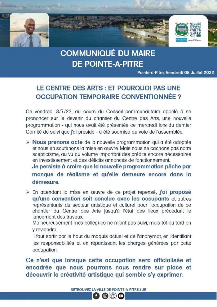 Communiqué du maire de Point-à-Pitre au sujet de la reprise du chantier du Centre des Arts et de la Culture